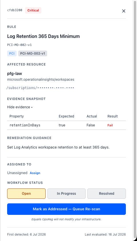 A live Equalis OpsReg violation record: rule Log Retention 365 Days Minimum, affected resource, evidence snapshot showing expected versus actual property values with a fail result, remediation guidance and workflow status